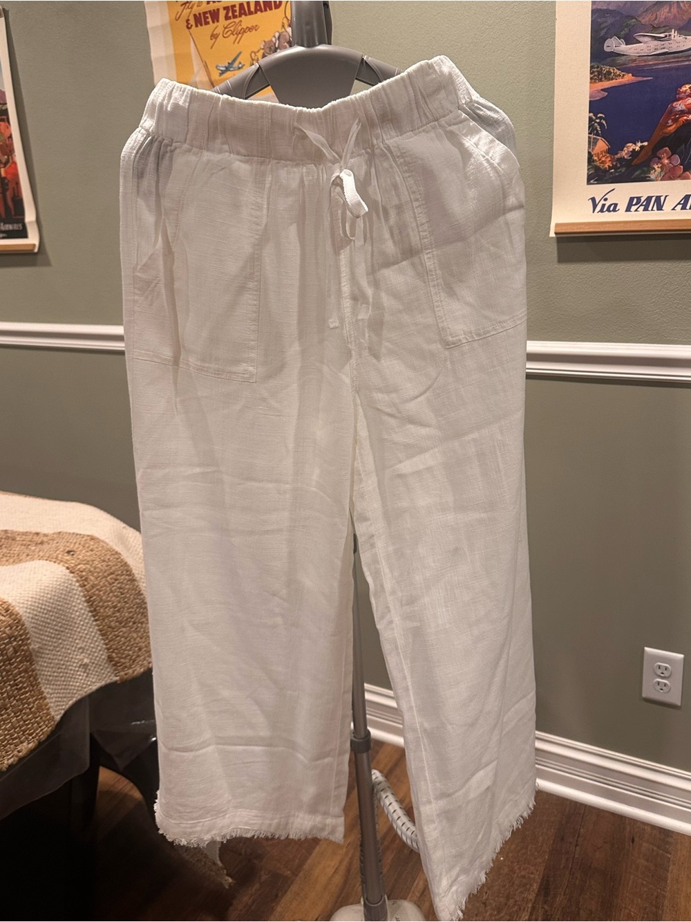 White Linen Drawstring pants with Raw Edge hem- Size M